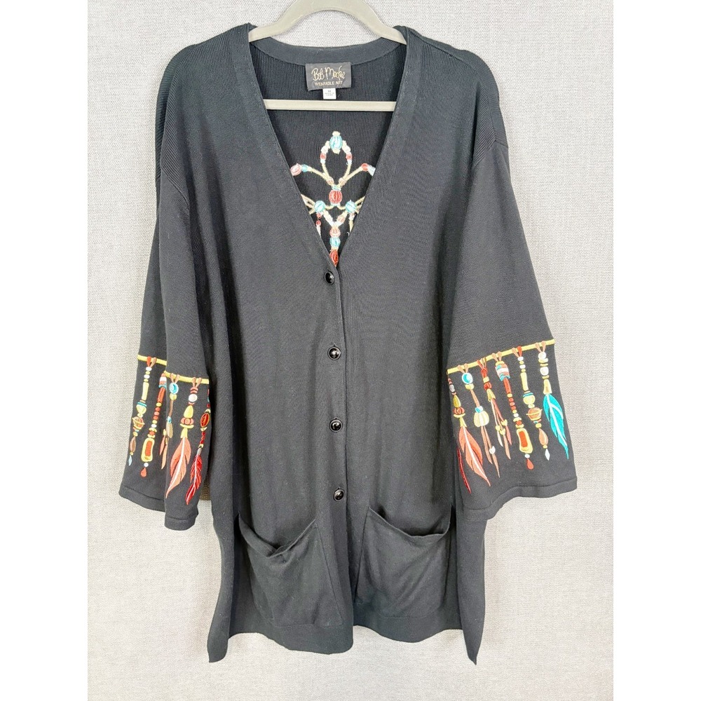 Bob Mackie Wearable Art Sweater Women 3X Black Embroidered Cardigan Dreamcatcher